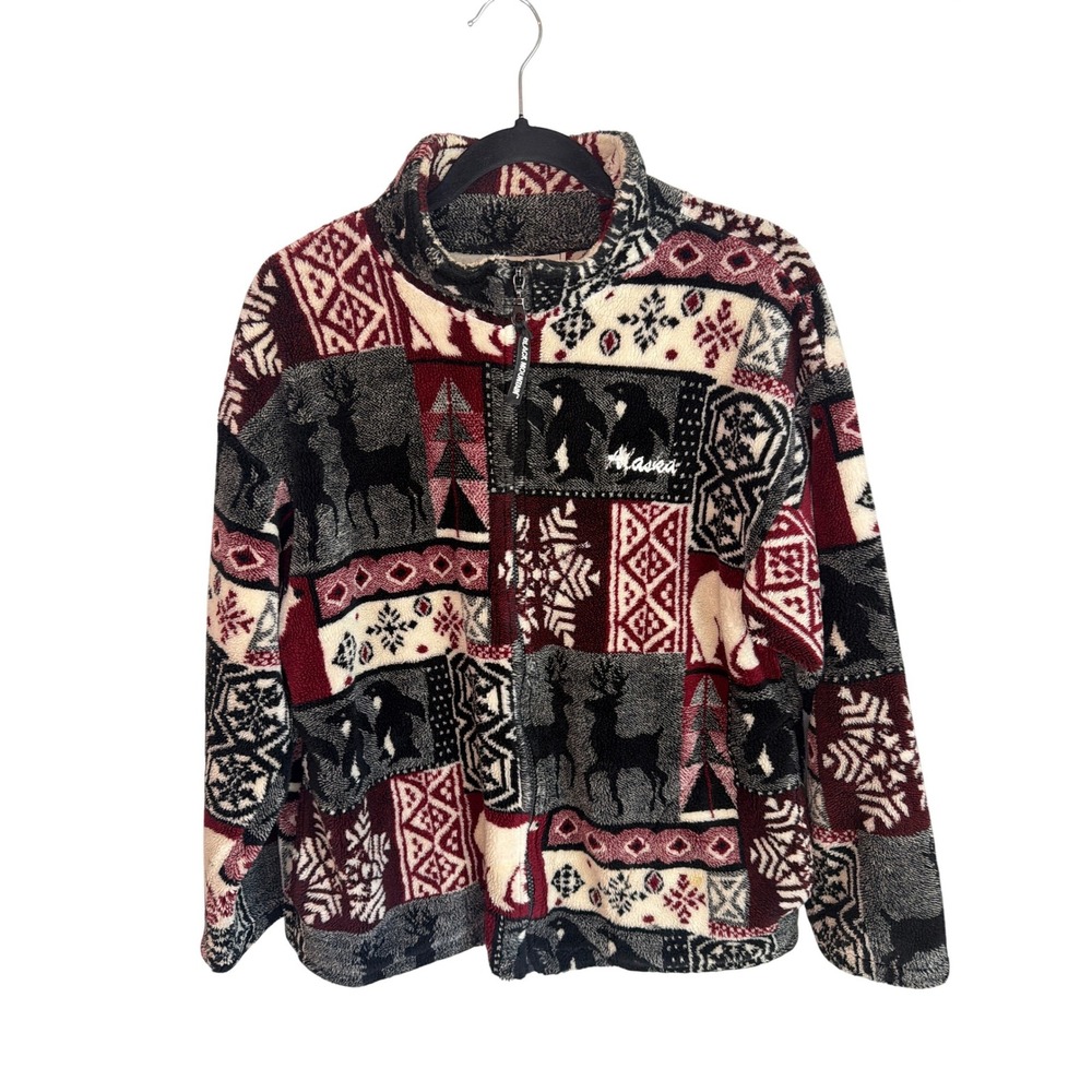 Vintage 90's Mountain Outdoor Alaska Fleece Jacket Patchwork Wildlife Print